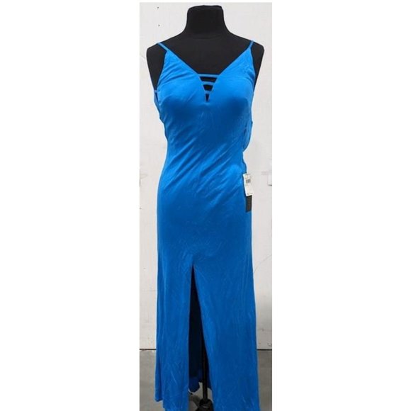 Aidan Mattox Maxi Column Dress V Neck Plunging Leg Slit Electric Blue Sz 6 $350 - Picture 6 of 9